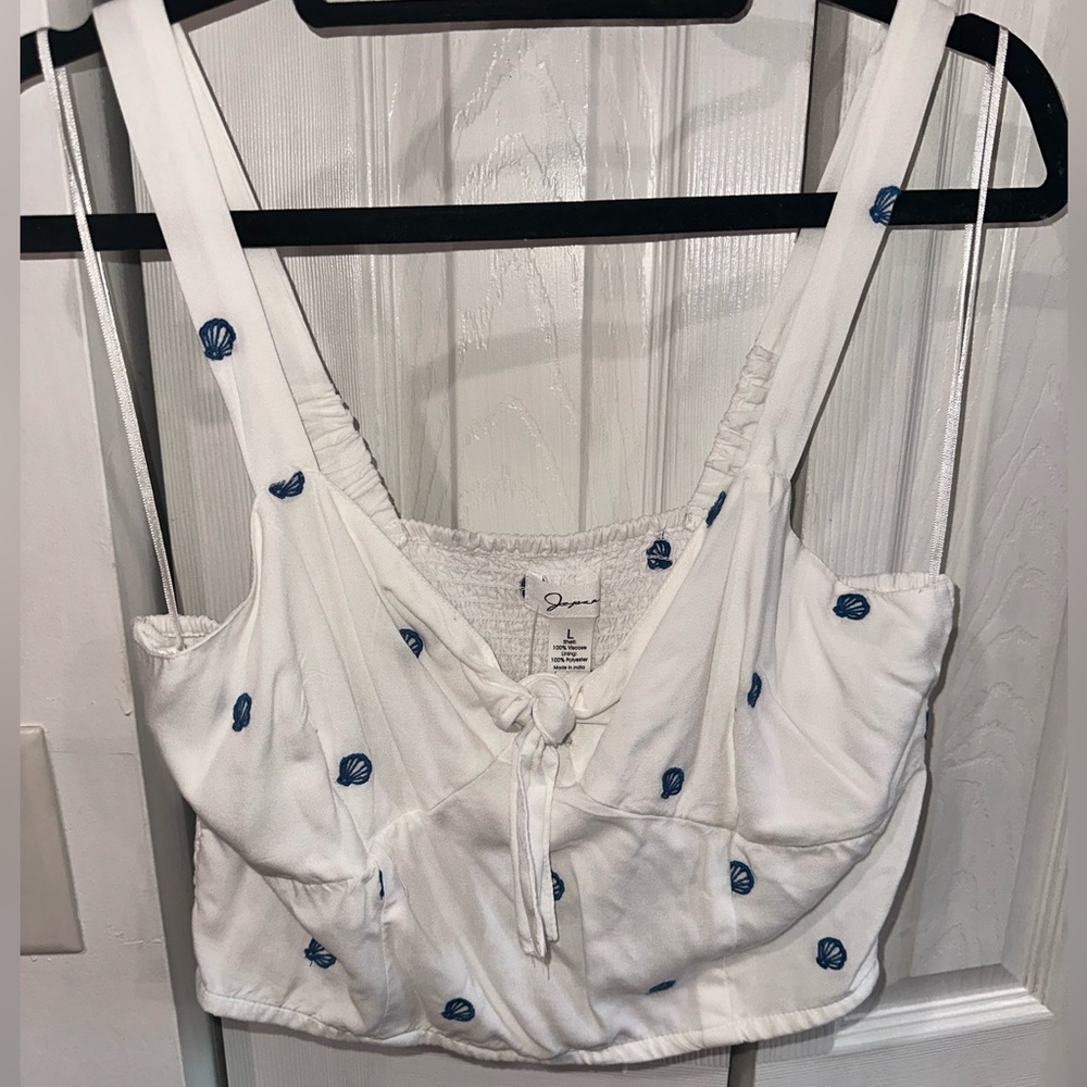 White with blue seashell crop top